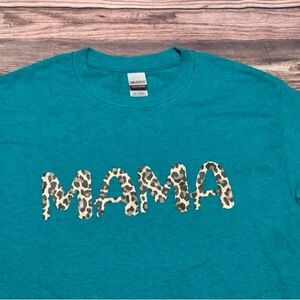 Gildan Teal 'MAMA' Leopard Print Tee